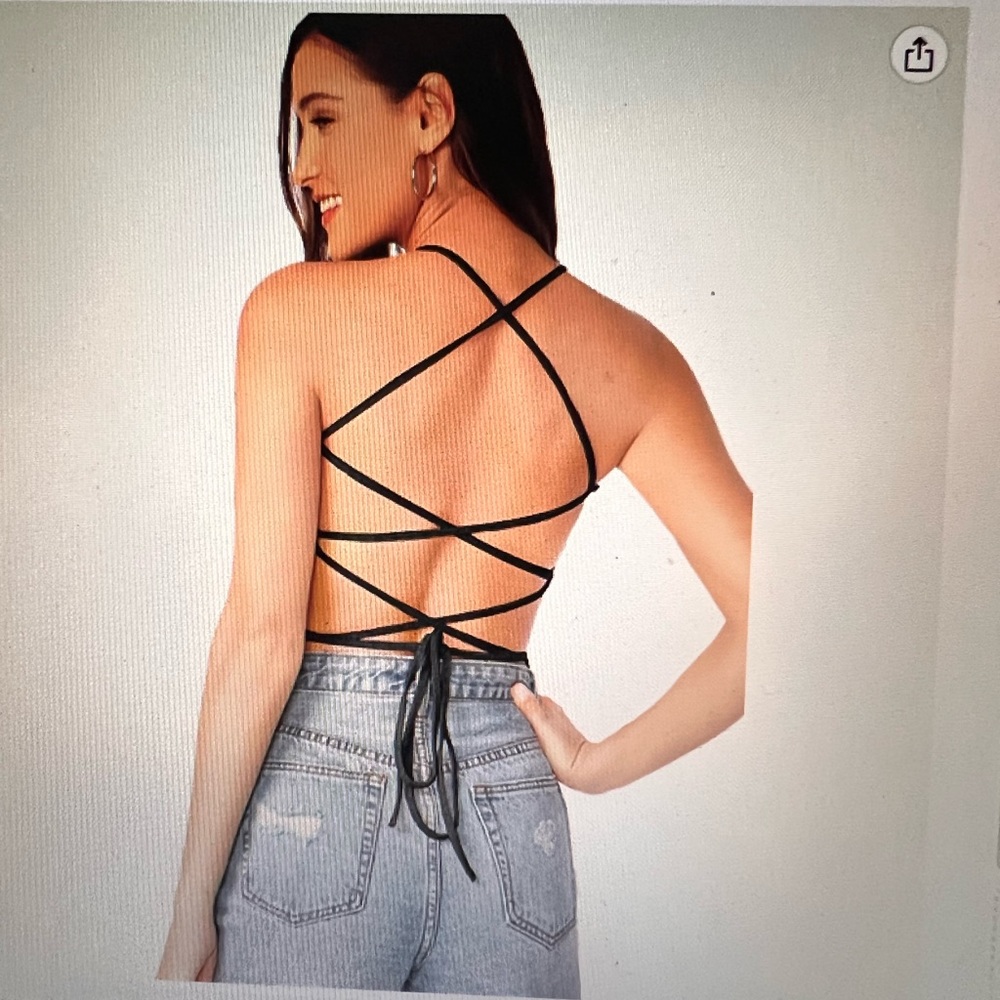 Black, ribbed, lace-up backless crop top cami